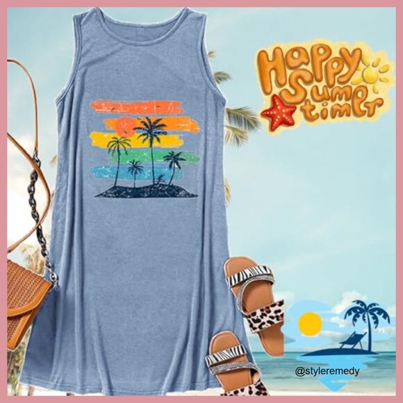 Cotton Blend Tank Sundress Casual Beach Vacation Dress - Picture 4 of 5